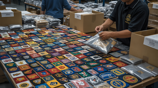 Custom patches organized in bulk quantities on a large industrial table