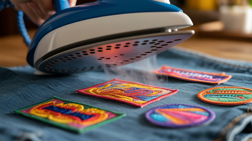 Patches being applied to denim fabric with a steam iron