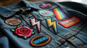 A collection of embroidered patches on a denim jacket