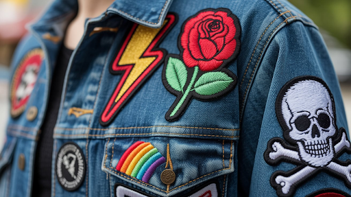 Multiple embroidered patches on denim jacket