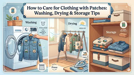 Visual representation of How to Care for Clothing with Patches, steps for delicate washing, drying, and storing