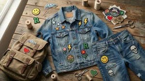 A denim jacket, jeans, and a backpack placed on a wooden table with different custom patches attached to them