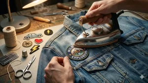 Visual representation of attaching an iron on patch to a denim jacket with a hand held iron 
