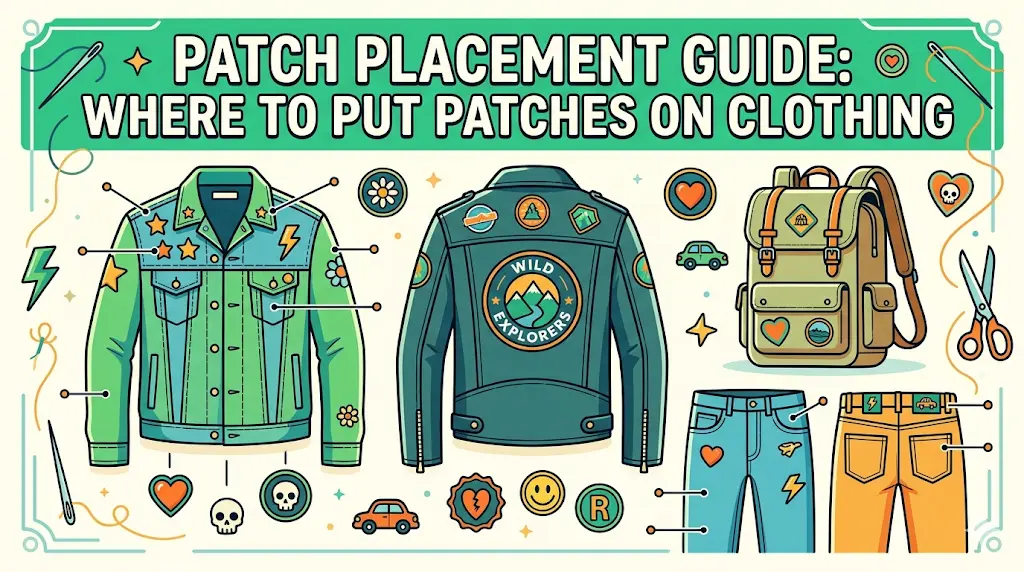 Visual representation of patch placements on jackets, jeans, and backpacks