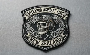 Aotearoa Asphalt Kings biker patch lying flat on a cloth sheet