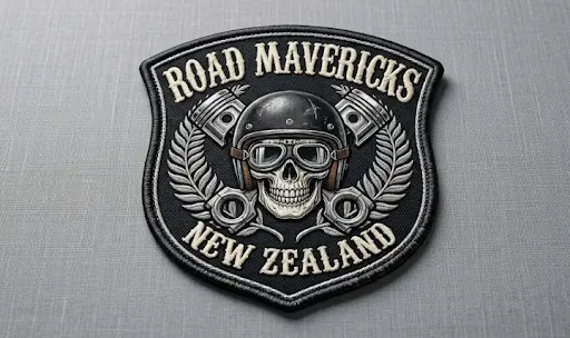 Road Mavericks motorcycle club patch laid flat on a cloth sheet