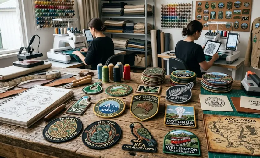 Custom iron on patches on a table in an NZ-based patch-making facility