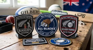 Cricket, rugby, and netball patches displayed on a wooden table with the New Zealand flag in the background