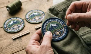 Sewing a patch on a shirt with traditional thread and needle.
