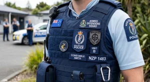 New Zealand Police tactical vest featuring custom embroidered name, rank, and specialty patches